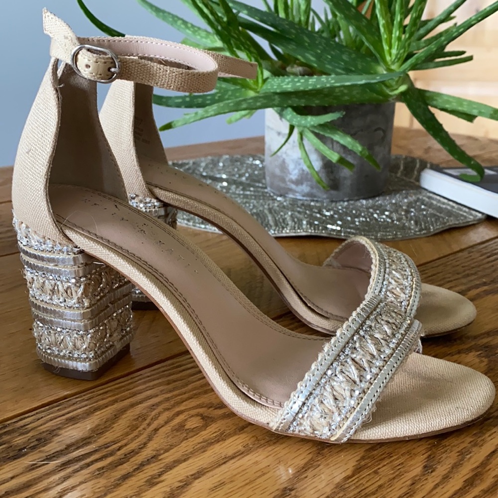Beige/Silver Metallic Beaded Heel Sandals